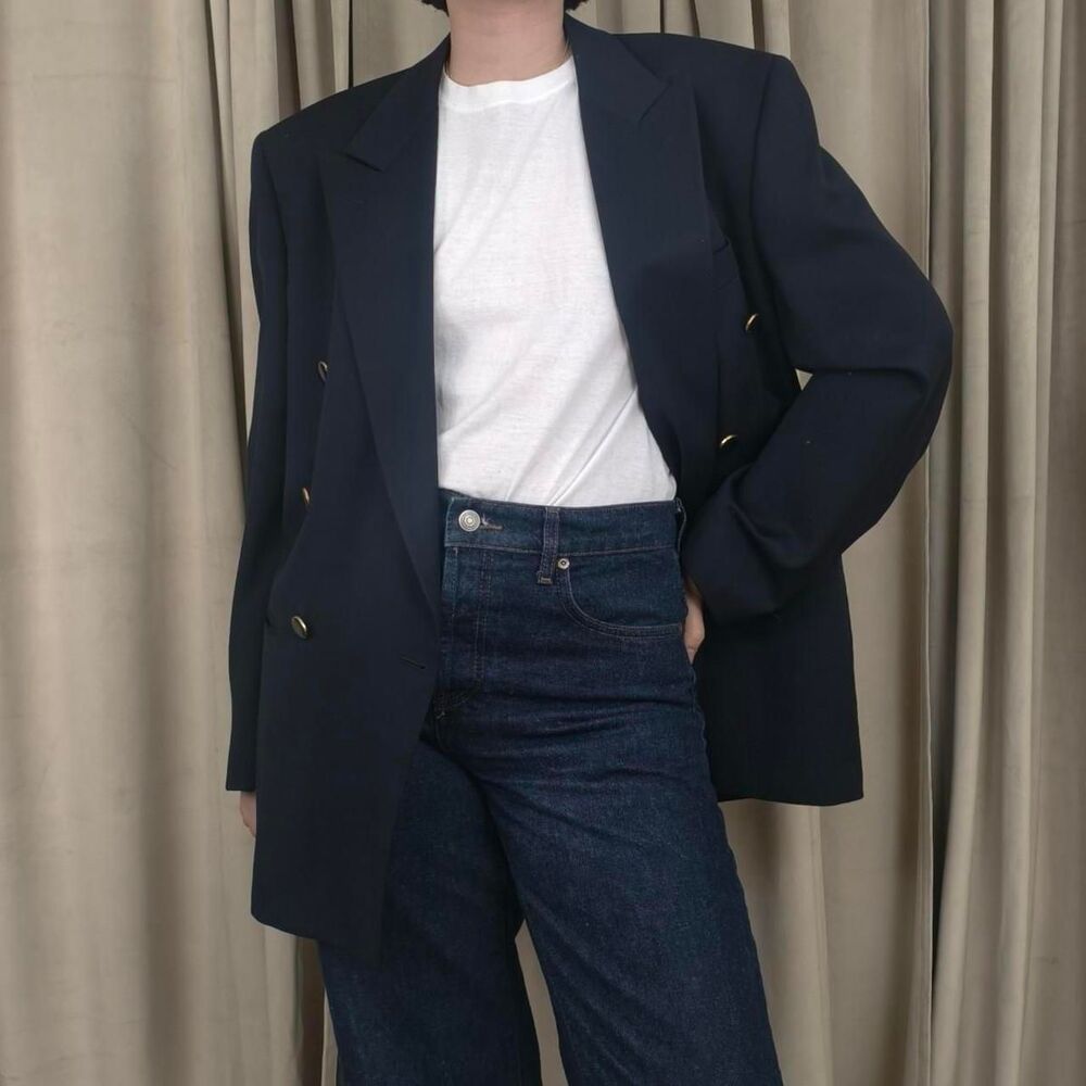 Vintage Navy Blue Double Breasted Oversized Boyfriend Blazer
